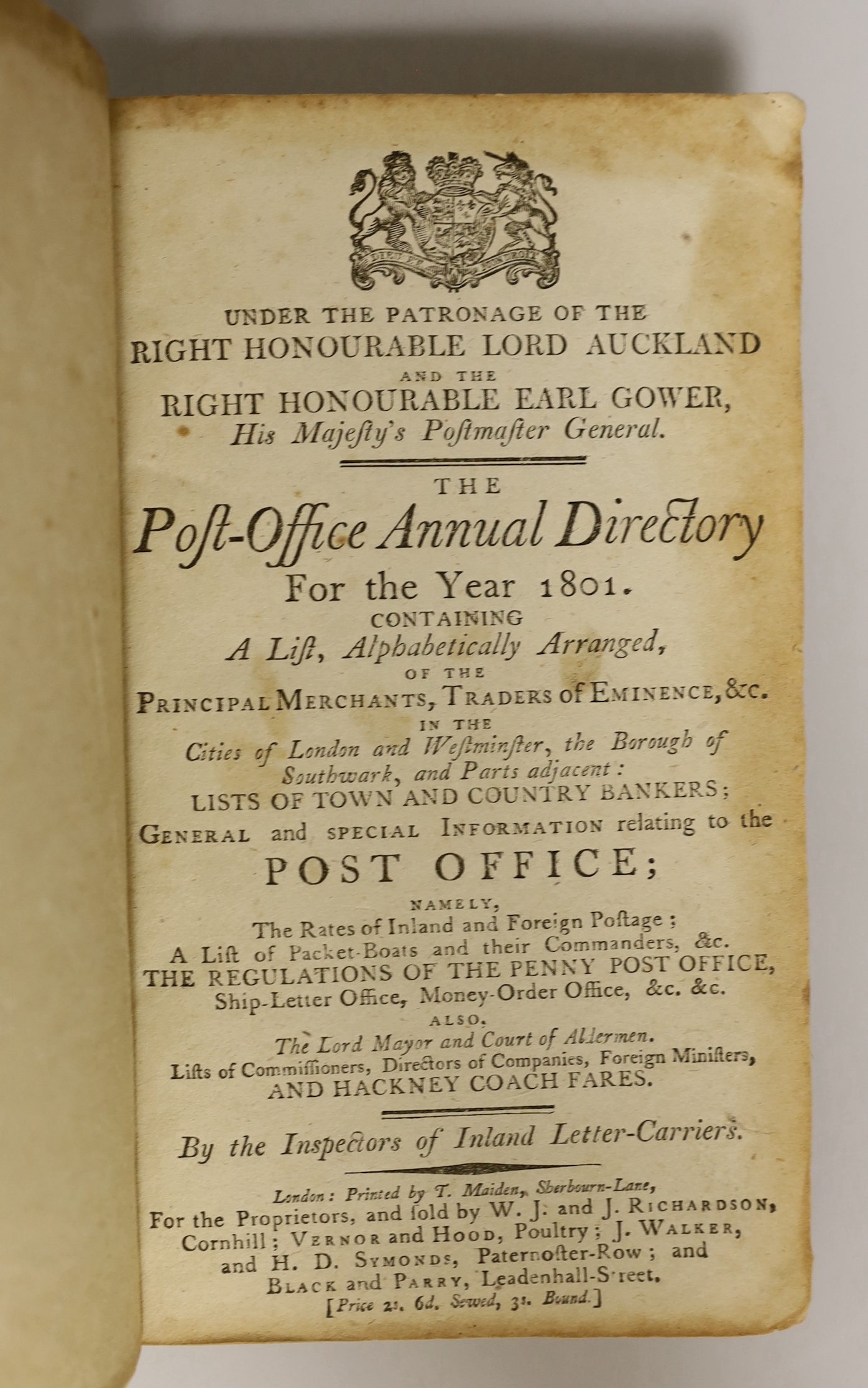 LONDON DIRECTORY: The Post-Office Annual Directory for the Year 1801. Containing a List, Alphabetically Arranged, of the Principal Merchants, Traders of Eminence, &c., 1p. ‘Advertisement’ and ‘Index to the List’ verso, 2